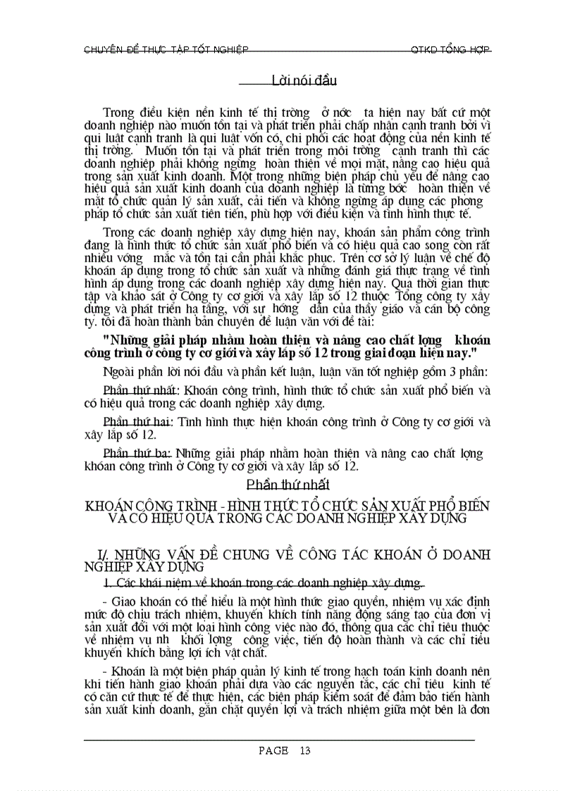 Luận văn Những giải pháp nhằm hoàn thiện và nâng cao chất lượng khoán công trình ở công ty cơ giới và xây lắp số 12 trong giai đoạn hiện nay