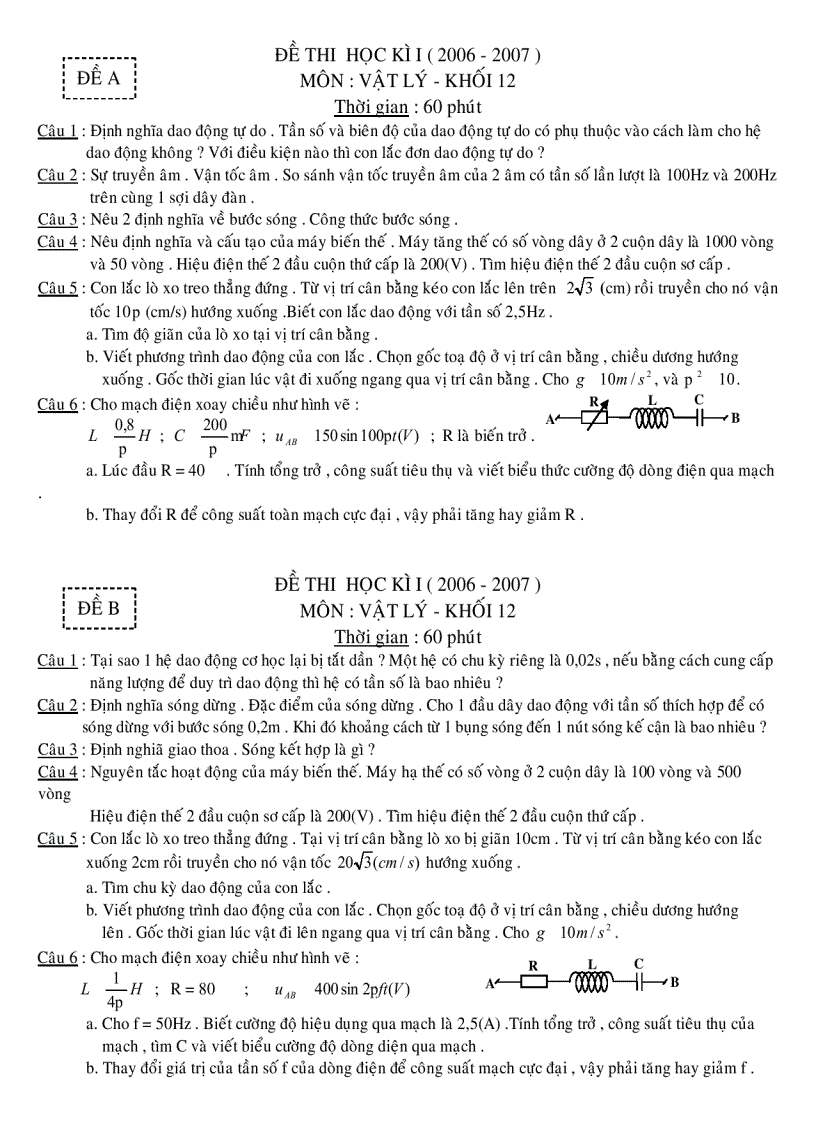 Đề thi học kì 1 môn Vật lý 12 2006 2007 THANH ĐA