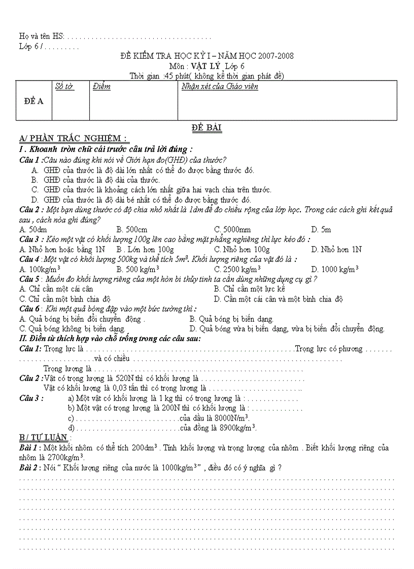 Đề thi học kì 1 Vật lý 6 2007 2008