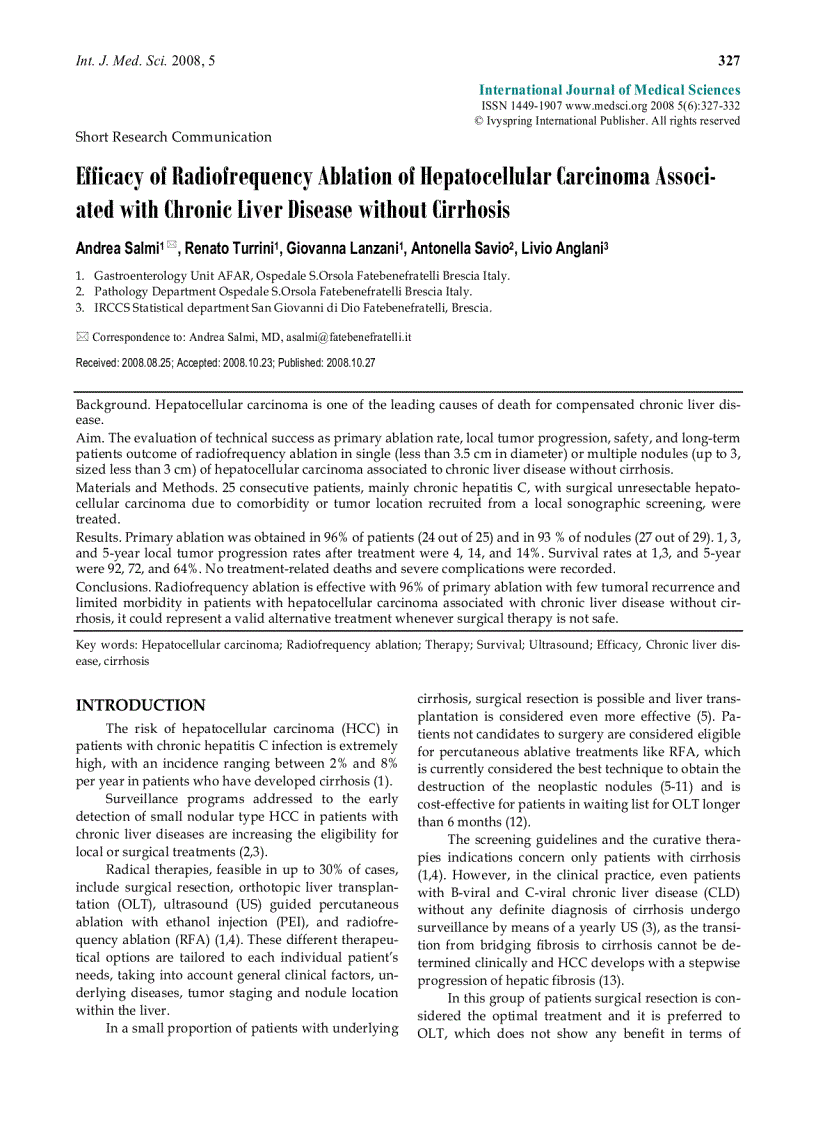 Báo cáo y học Efficacy of Radiofrequency Ablation of Hepatocellular Carcinoma Associated with Chronic Liver Disease without Cirrhosis