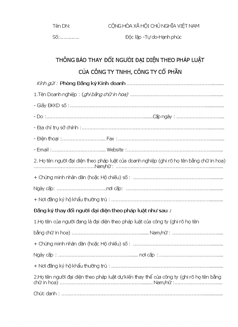 Thông báo thay đổi người đại diện theo pháp luật của công ty tnhh công ty cổ phần