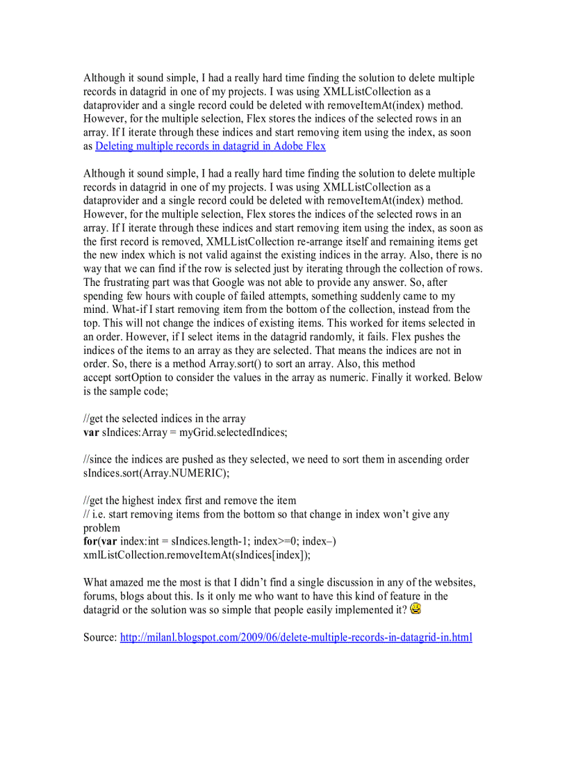 Delete multiple records in datagrid in Flex
