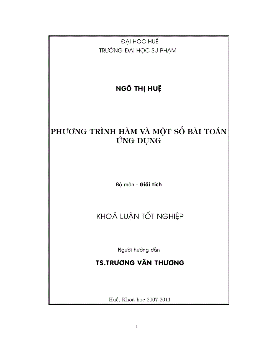 Luận văn tốt nghiệp ĐHSP Phương trình hàm và một số ứng dụng