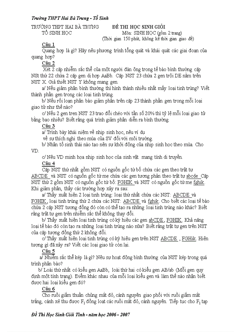 Đề thi HSG môn Sinh học 12 THPT Hai Bà Trưng Huế 2006