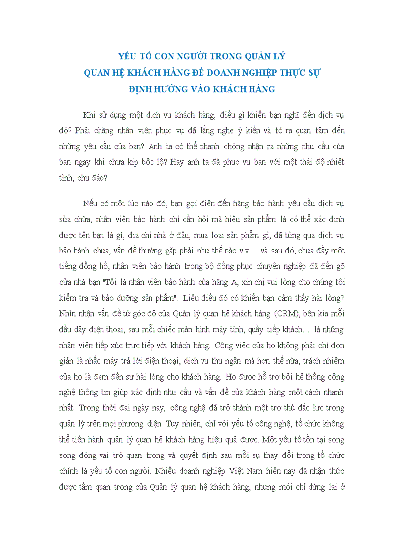 Yếu tố con người trong quản lý quan hệ khách hàng để doanh nghiệp thực sự định hướng vào khách hàng