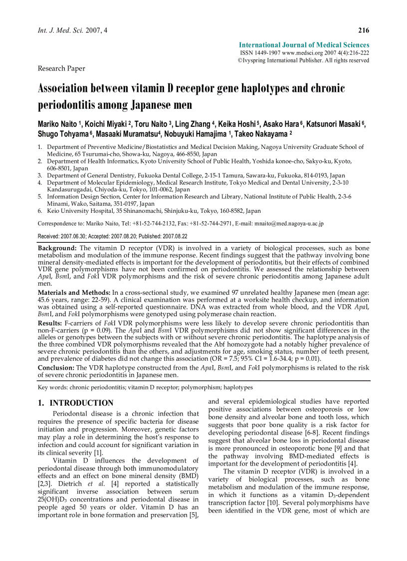 Báo cáo y học Association between vitamin D receptor gene haplotypes and chronic periodontitis among Japanese men