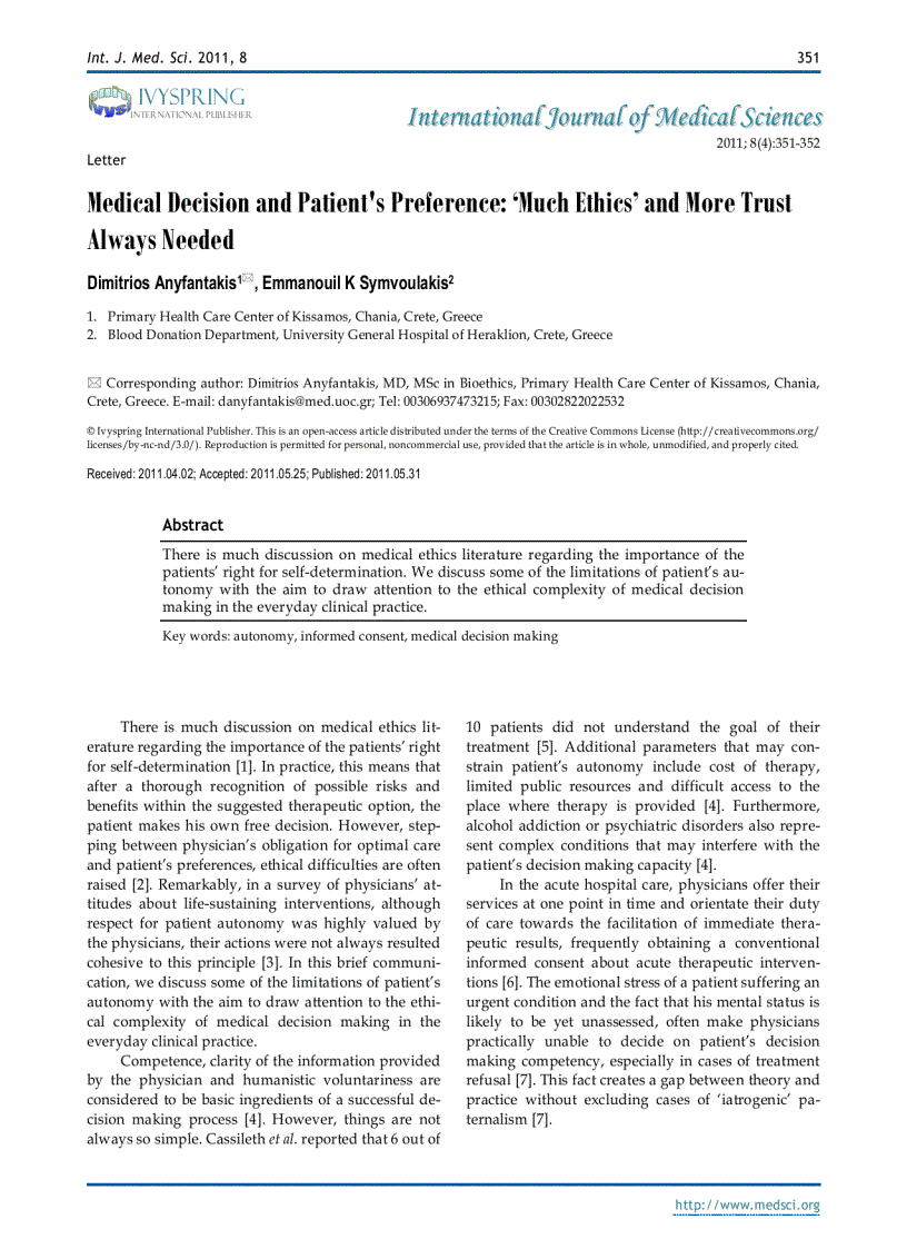 Báo cáo y học Medical Decision and Patient s Preference Much Ethics and More Trust Always Needed