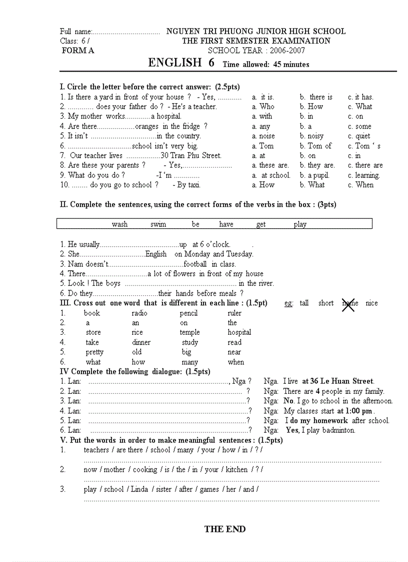 Đề thi Anh văn lớp 6 Học kì 1 THCS Nguyễn Tri Phương Huế 2006