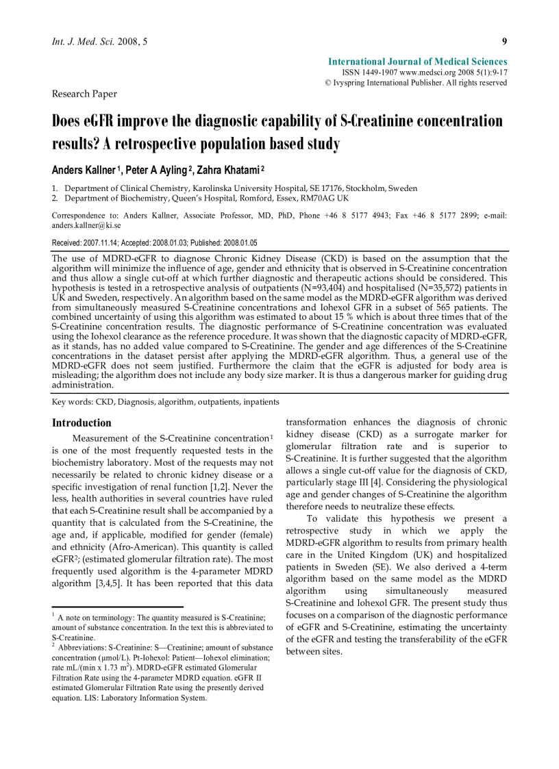 Báo cáo y học Does eGFR improve the diagnostic capability of S Creatinine concentration results A retrospective population based study