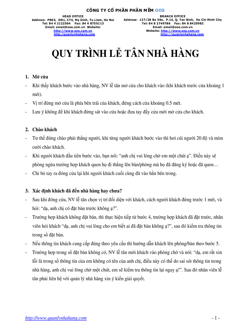 Nghiệp vụ quản lý nhà hàng Nghiệp vụ lễ tân