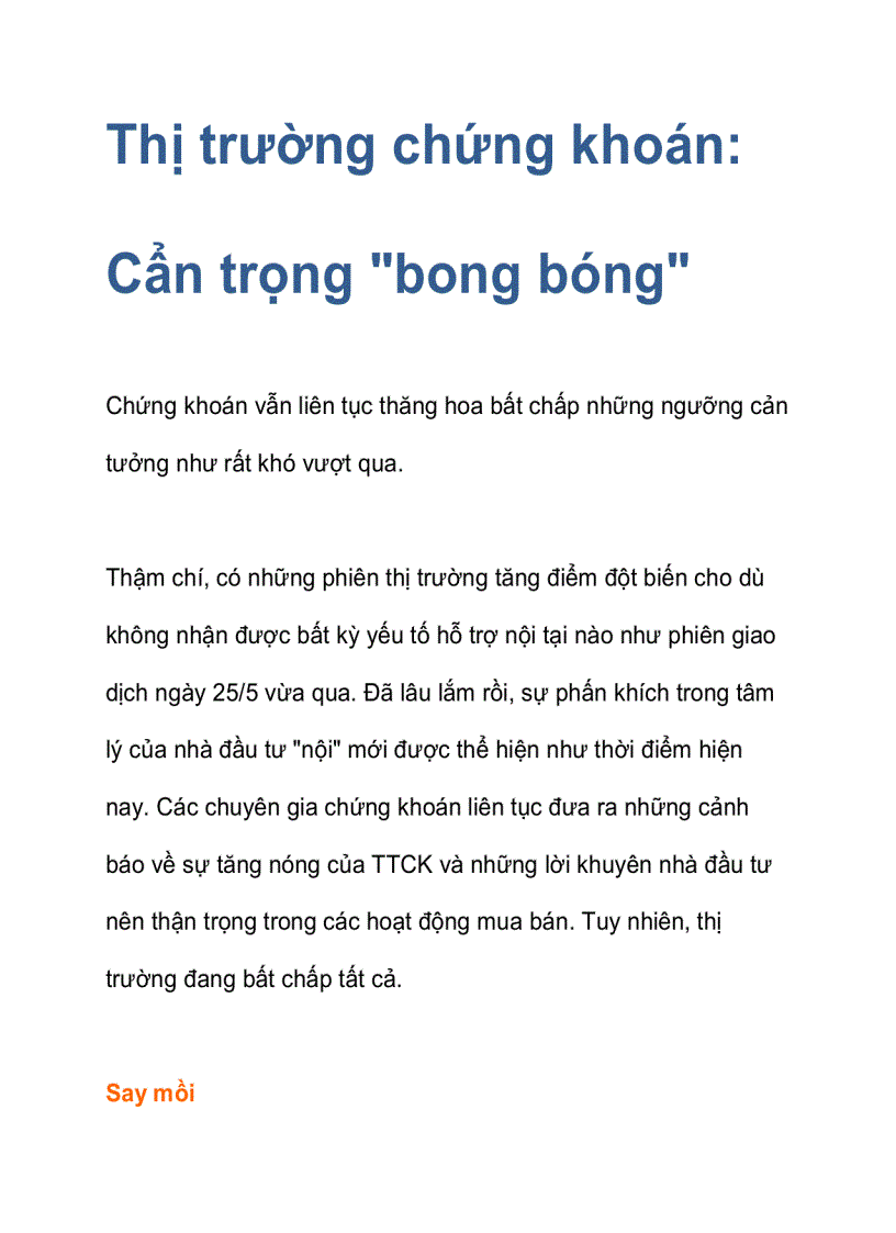 Thị trường chứng khoán Cẩn trọng bong bóng