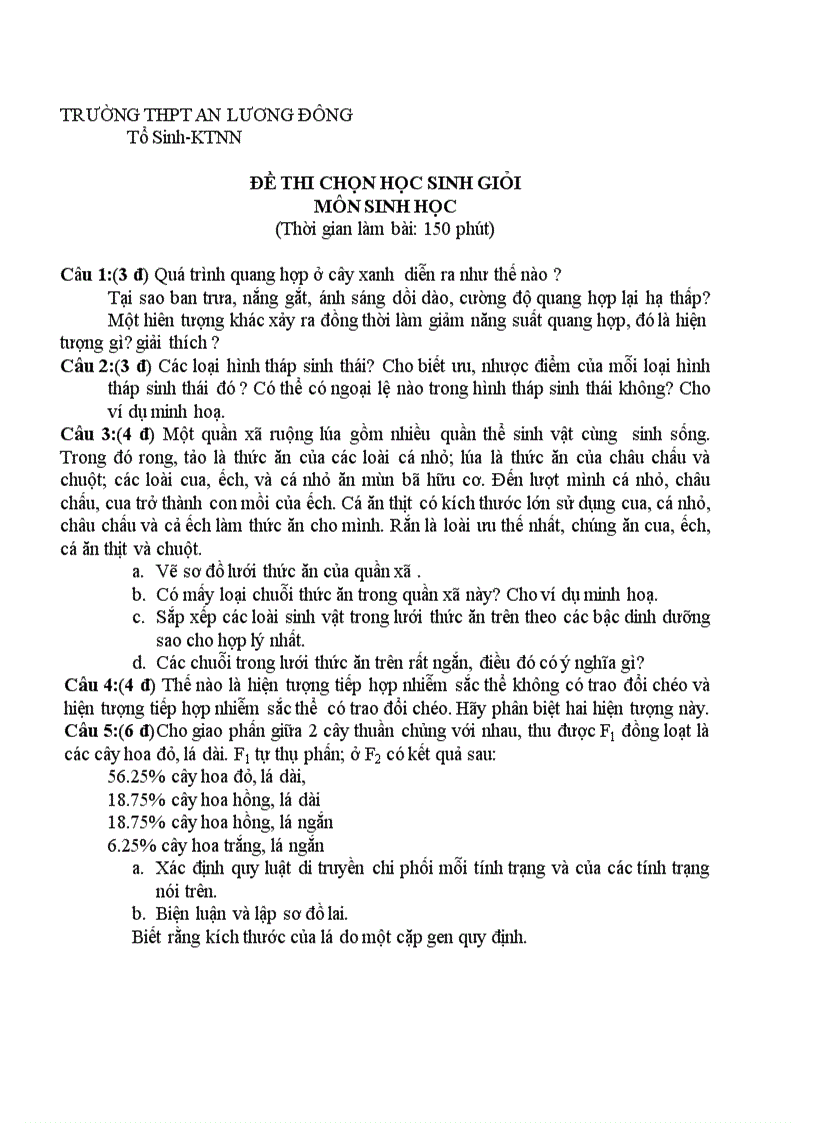 Đề thi HSG môn Sinh học 12 THPT An Luơng Đông Huế 2006