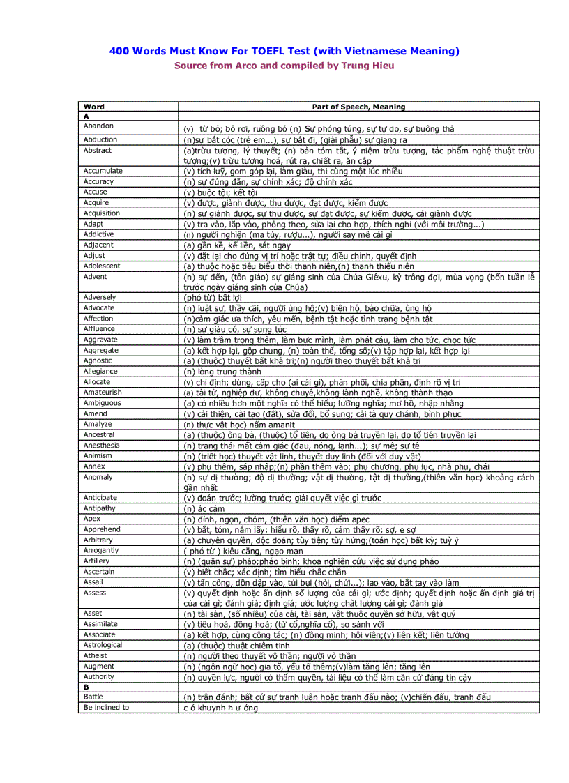 400 Words Must Know For TOEFL Test with Vietnamese Meaning