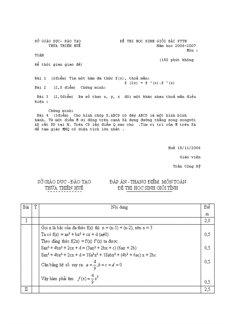 Đề thi HSG môn Toán học 12 THPT Hai Bà Trưng Huế 2006