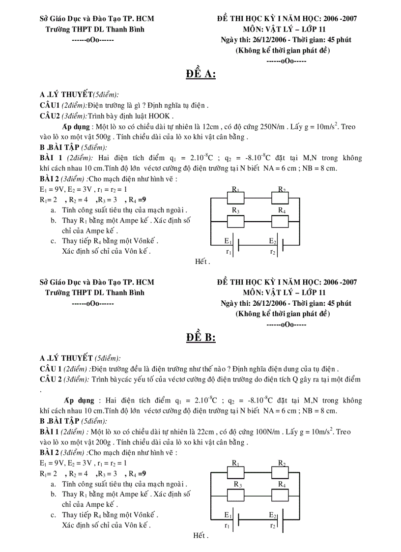 Đề thi học kì 1 môn Vật lý 11 THPT Thanh Bình TPHCM