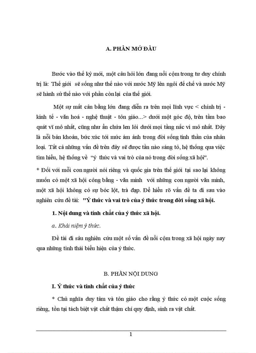 Ý thức và vai trò của ý thức trong đời sống XH