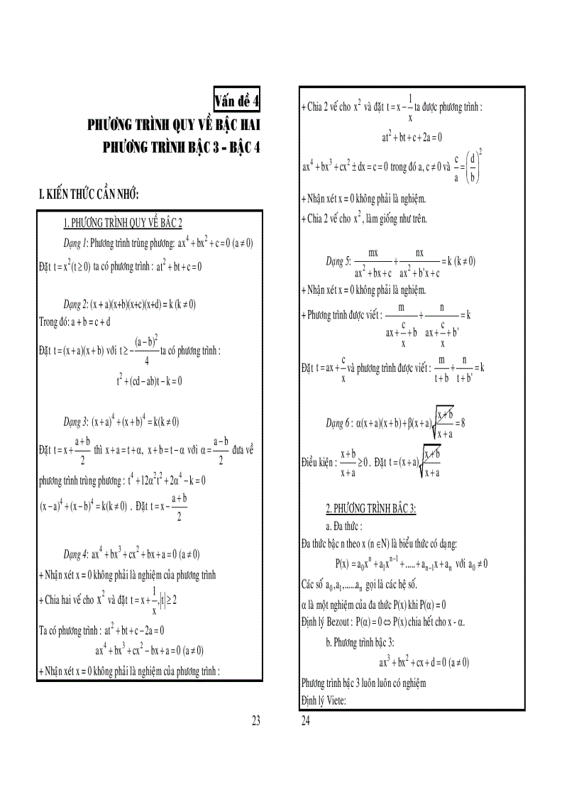 Phương trình bậc 3 bậc 4 quy về phương trình bậc 2
