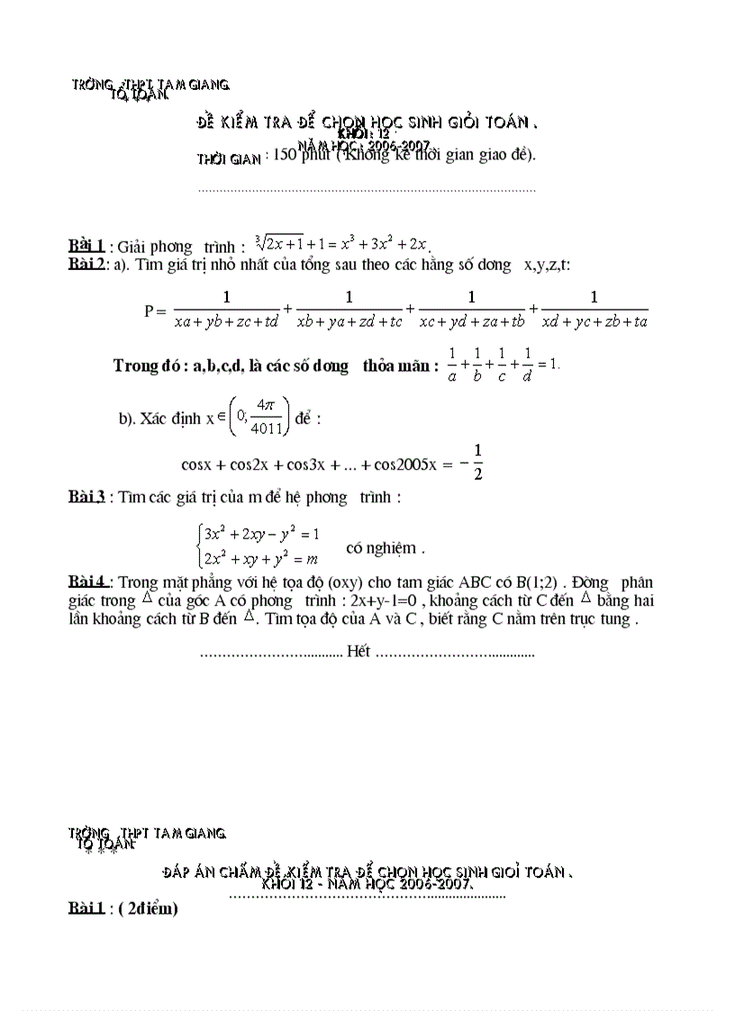 Đề thi HSG môn Toán học 12 THPT Tam Giang Huế 2006