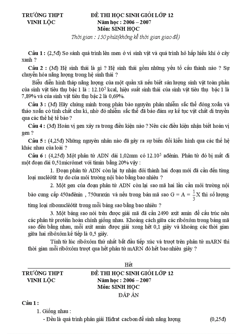 Đề thi HSG môn Sinh học 12 THPT Vinh Lộc Huế 2006