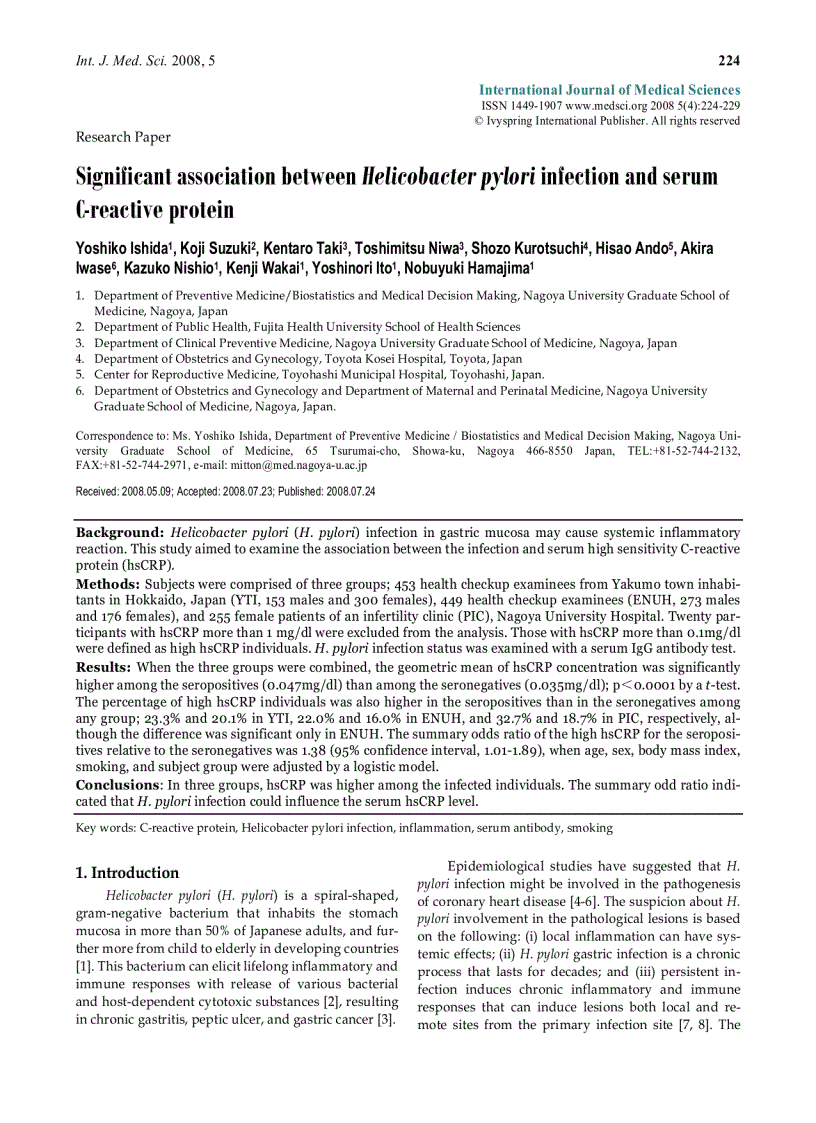 Báo cáo y học Significant association between Helicobacter pylori infection and serum C reactive protein