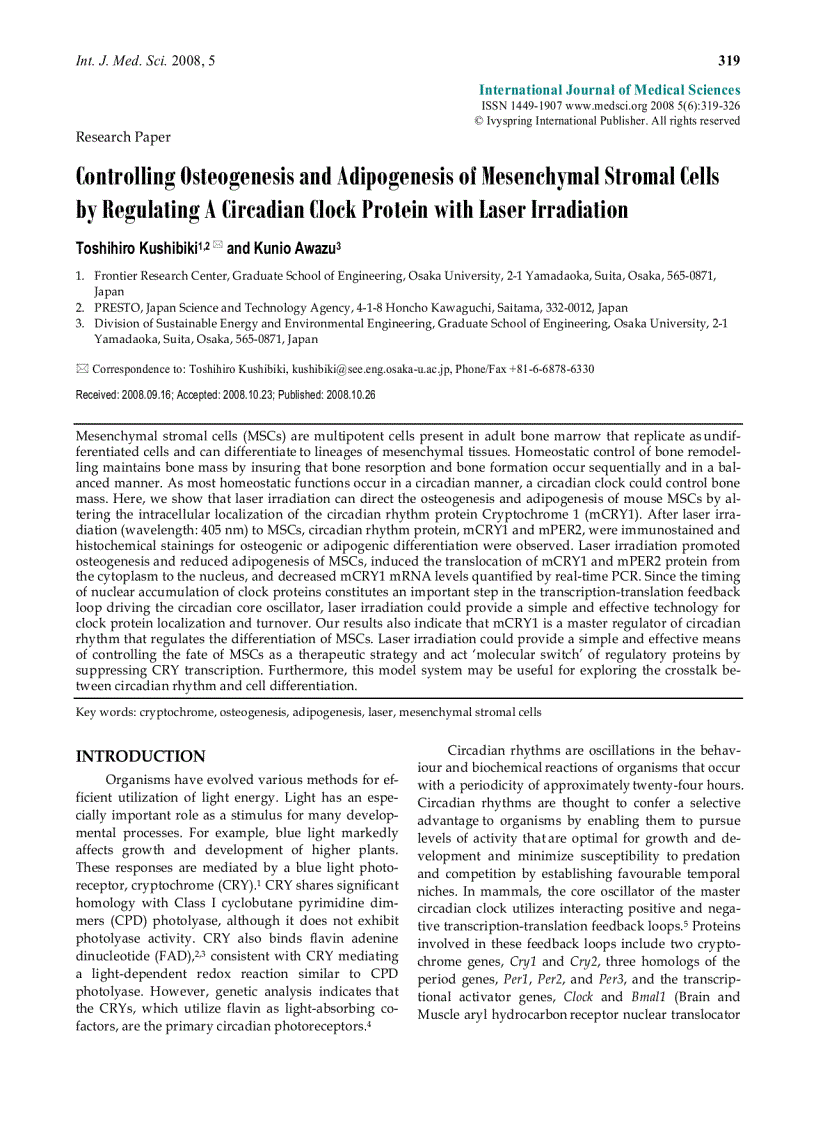 Báo cáo y học Controlling Osteogenesis and Adipogenesis of Mesenchymal Stromal Cells by Regulating A Circadian Clock Protein with Laser Irradiation