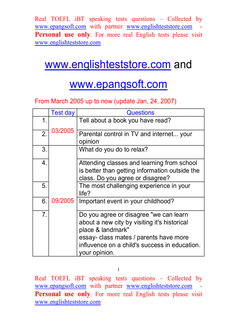 Real TOEFL iBT speaking Test question from March 2005 up to now