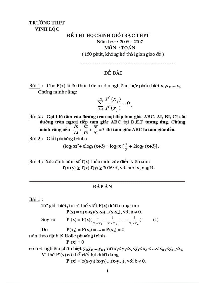Đề thi HSG môn Toán học 12 THPT Vinh Lộc Huế 2006
