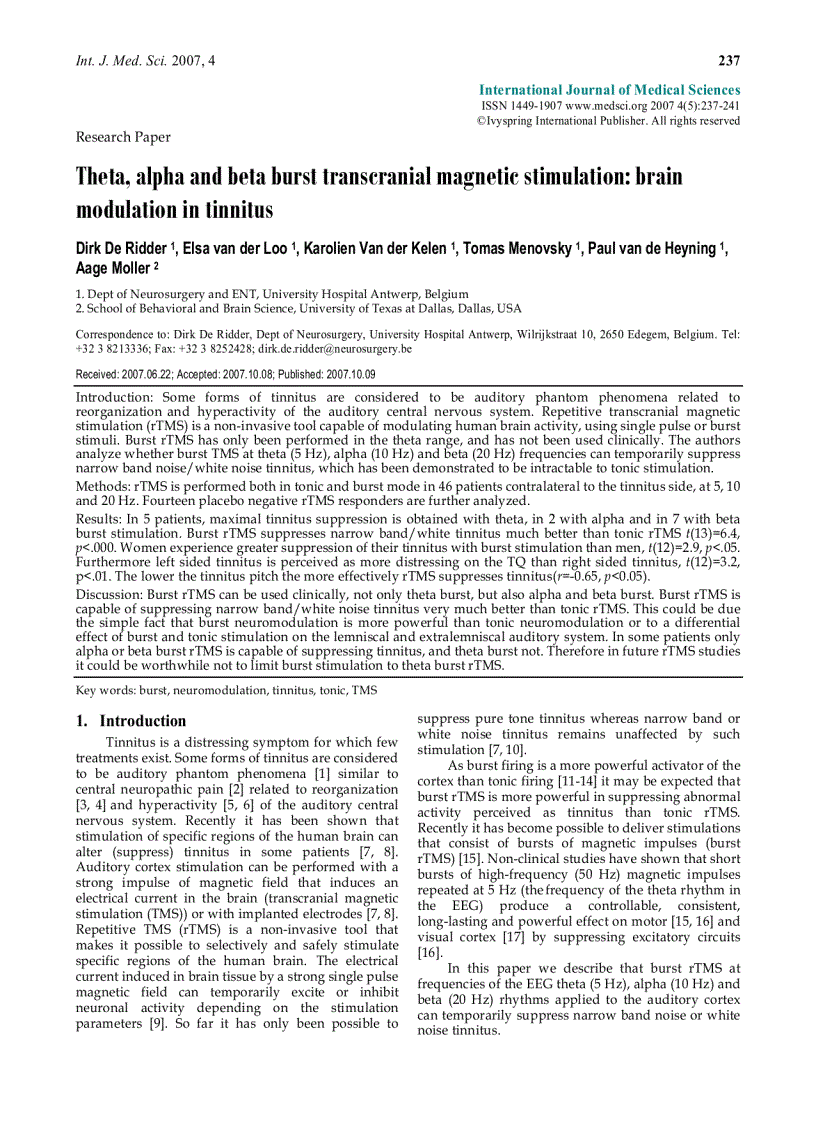 Báo cáo y học Theta alpha and beta burst transcranial magnetic stimulation brain modulation in tinnitus