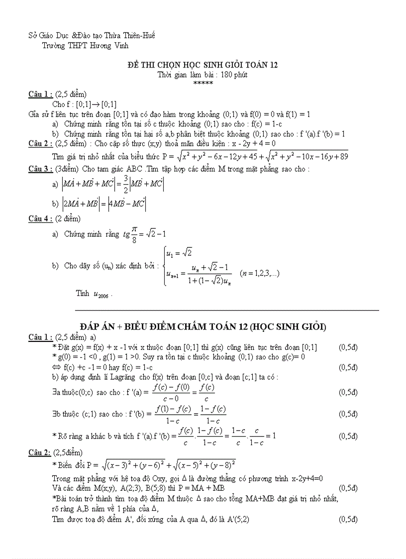 Đề thi HSG môn Toán học 12 THPT Hương Vinh Huế 2006