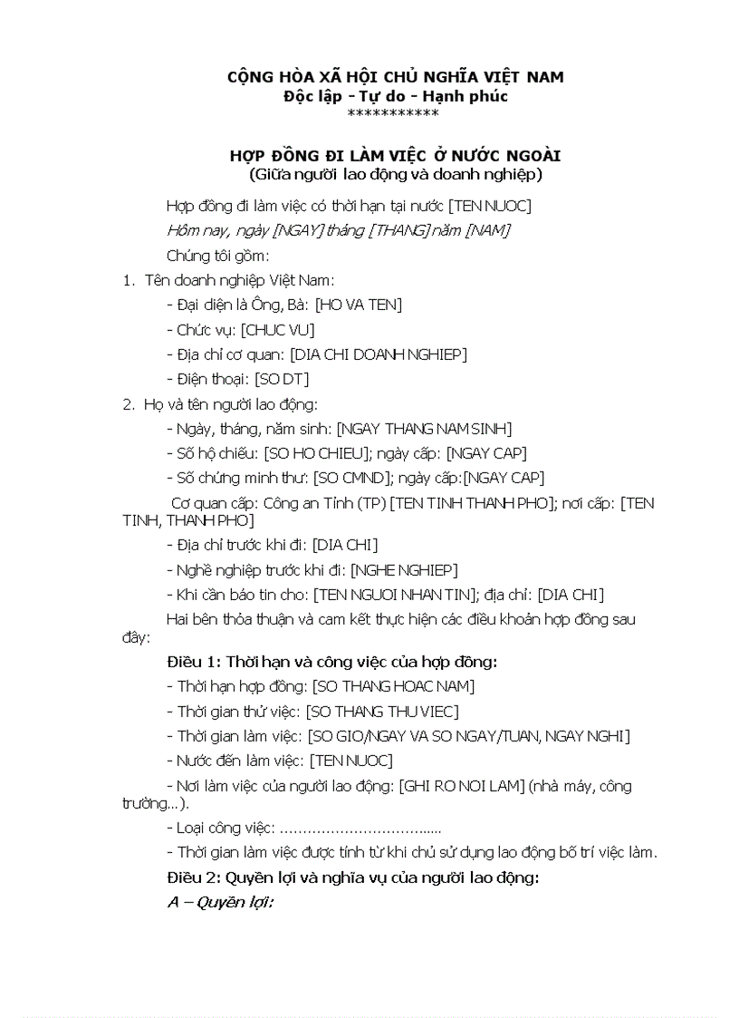 HỢP ĐỒNG ĐI LÀM VIỆC Ở NƯỚC NGOÀI Giữa người lao động và doanh nghiệp