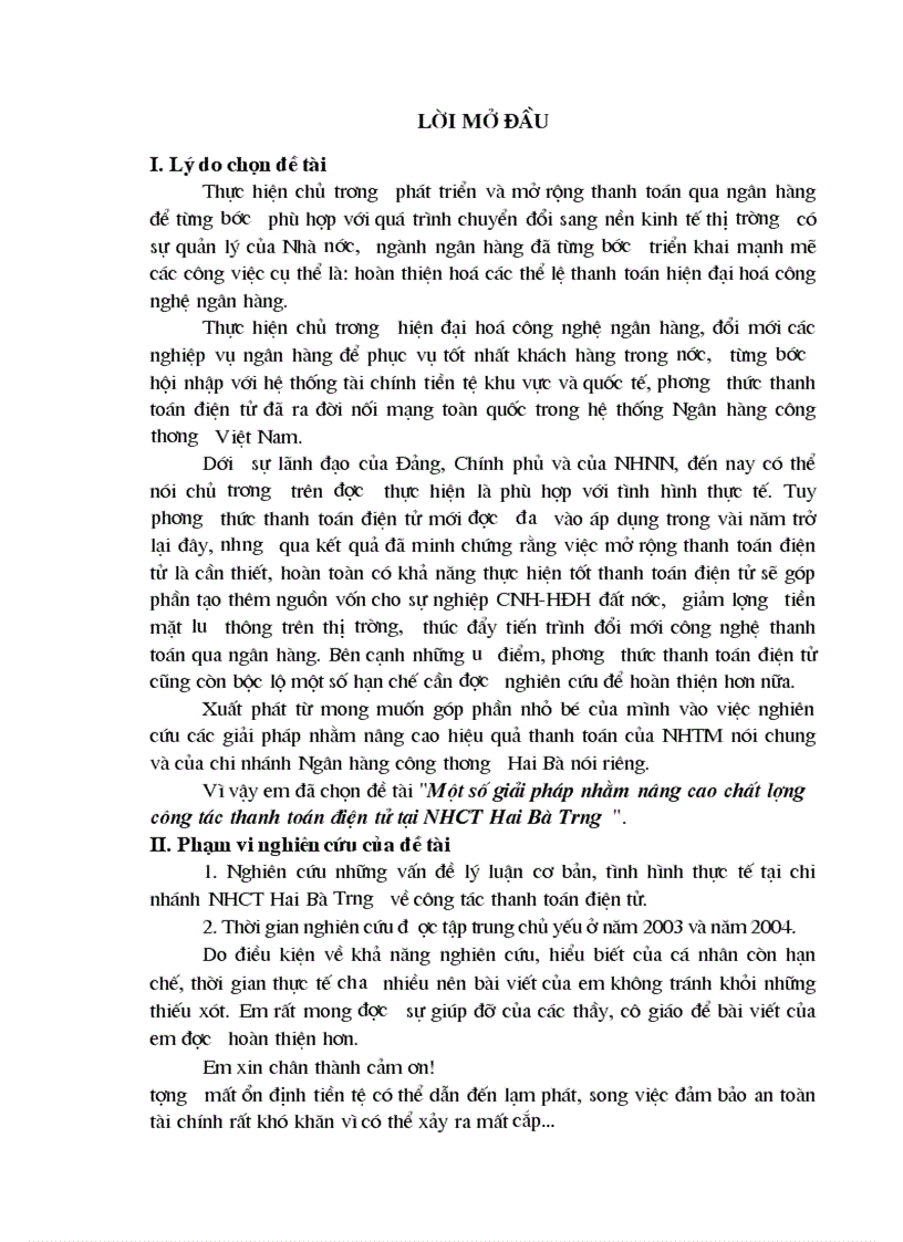 Luận văn Một số giải pháp nhằm nâng cao chất lượng công tác thanh toán điện tử tại NHCT Hai Bà Trưng