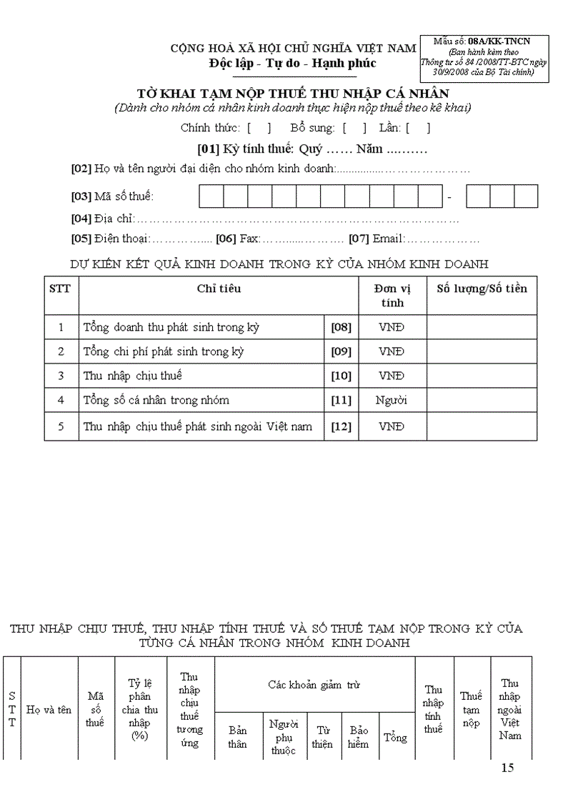 Tờ khai tạm nộp thuế TNCN