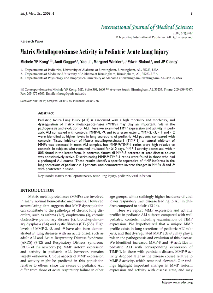 Báo cáo y học Matrix Metalloproteinase Activity in Pediatric Acute Lung Injur