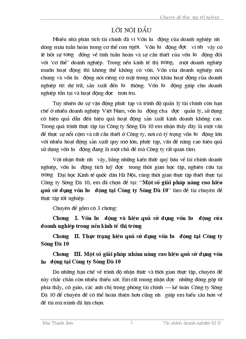 Luận văn Một số giải pháp nâng cao hiệu quả sử dụng vốn lưu động tại Công ty Sông Đà 10