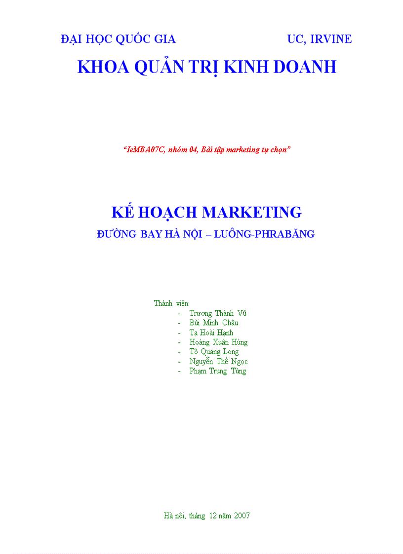 Kế hoạch Marketing Đường bay Hà Nội Luông Phrabăng