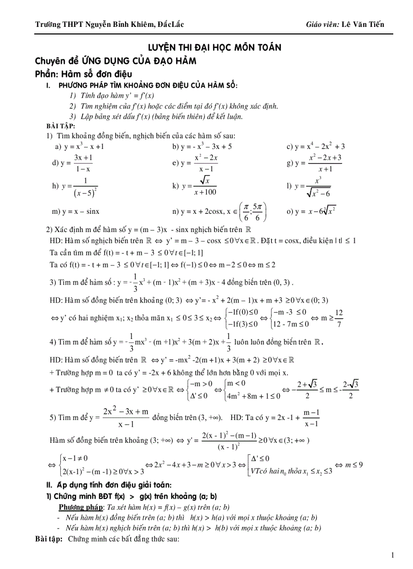 Luyện thi ĐH môn Toán chuyên đề ỨNG DỤNG ĐẠO HÀM