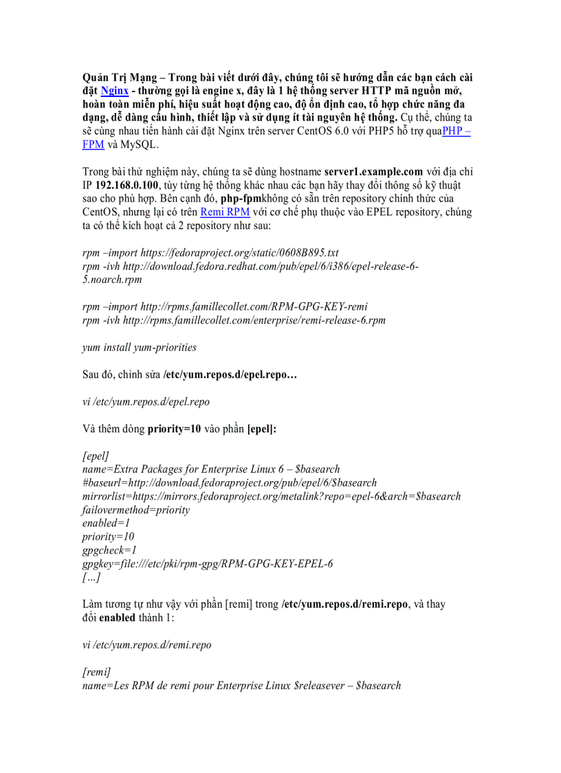 Hướng dẫn cài đặt Nginx với PHP5 PHP FPM và MySQL trên CentOS 6 0
