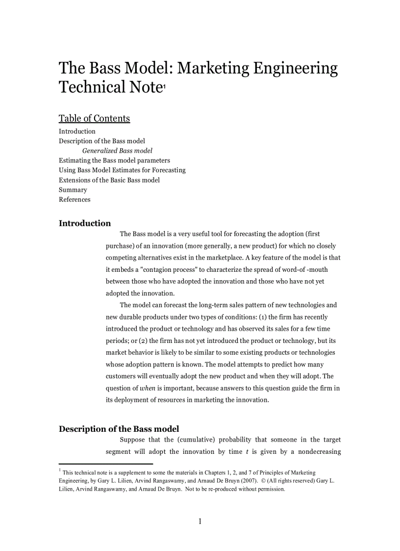 The Bass Model Technical Marketing Engineering Technical Note