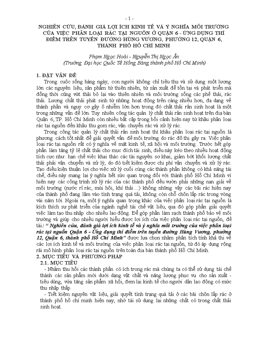 Nghiên cứu đánh giá lợi ích kinh tế và ý nghĩa môi trường của việc phân loại rác tại nguồn ở quận 6 ứng dụng thí điểm trên tuyến đường hùng vương phường 12 quận 6 thành phố hồ chí m