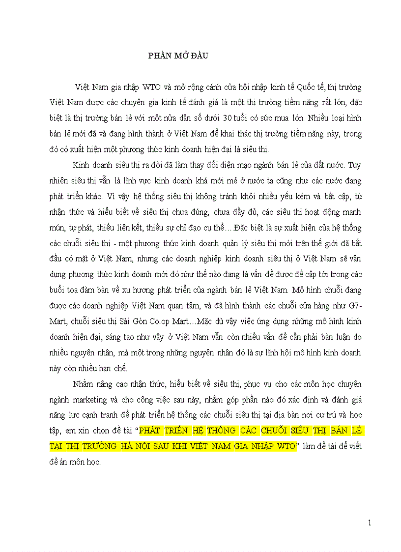 Phát triển hệ thống các chuỗi siêu thị bán lẻ tại thị trường Hà Nội sau khi Việt Nam gia nhập WTO