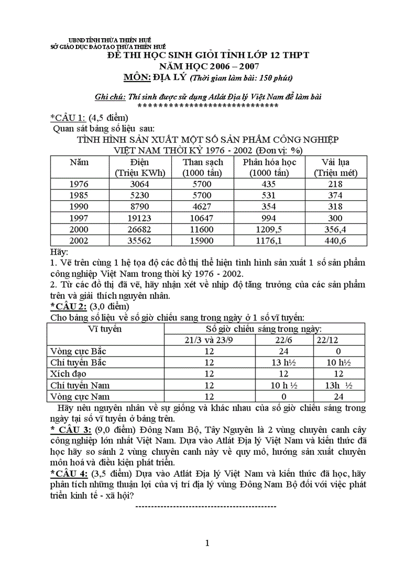 Đề thi học sinh giỏi tỉnh lớp 12 thpt nguyễn chí thanh năm học 2006 2007 môn địa lý