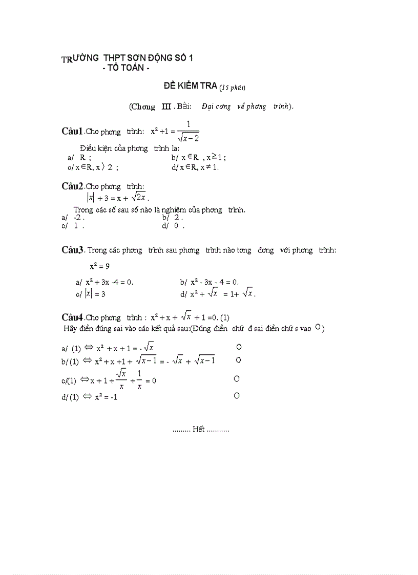 ĐỀ KIỂM TRA MÔN TOÁN 12 15 phút Chương 3 Đại cương về phương trình