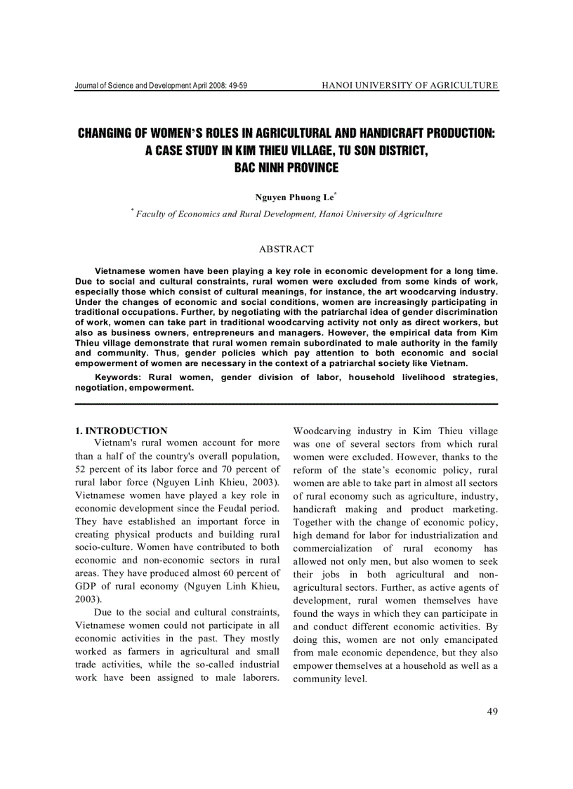 Báo cáo khoa học Changing of Women s Roles in Agricultural and Handicraft Production A Case