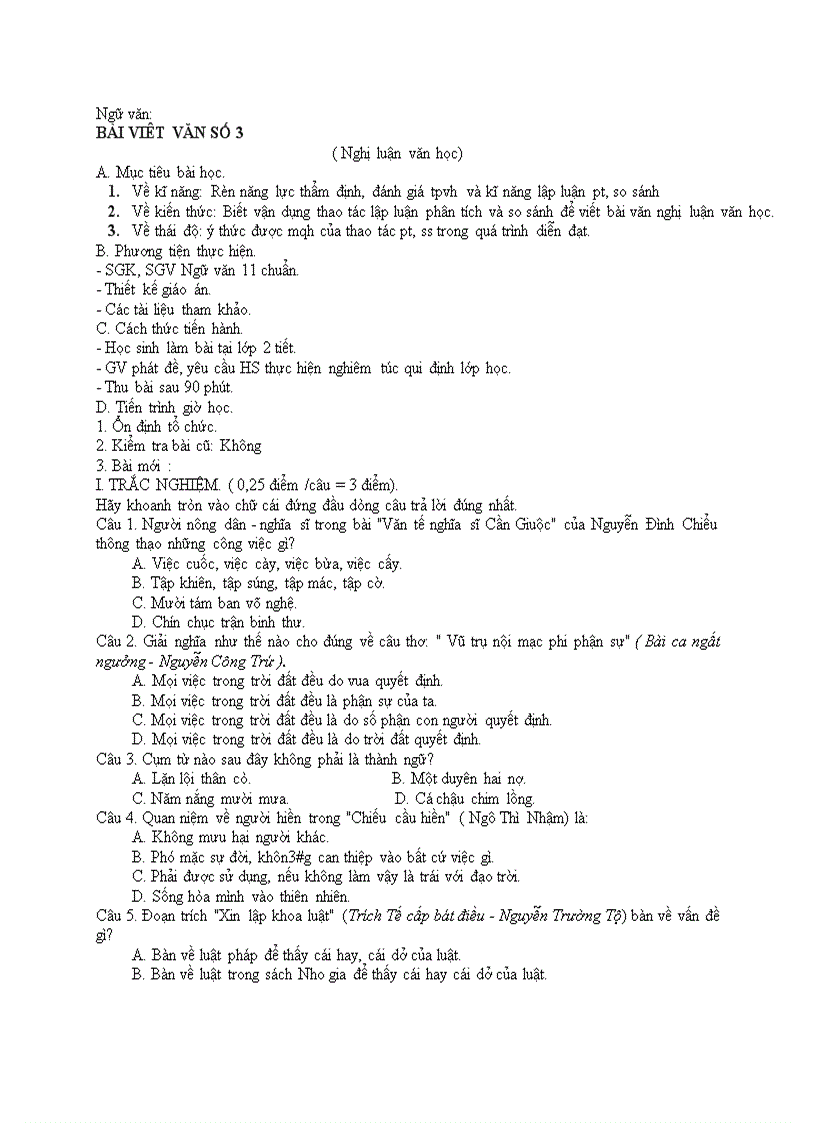 Ngữ văn BÀI VIÊT VĂN SỐ 3 Nghị luận văn học