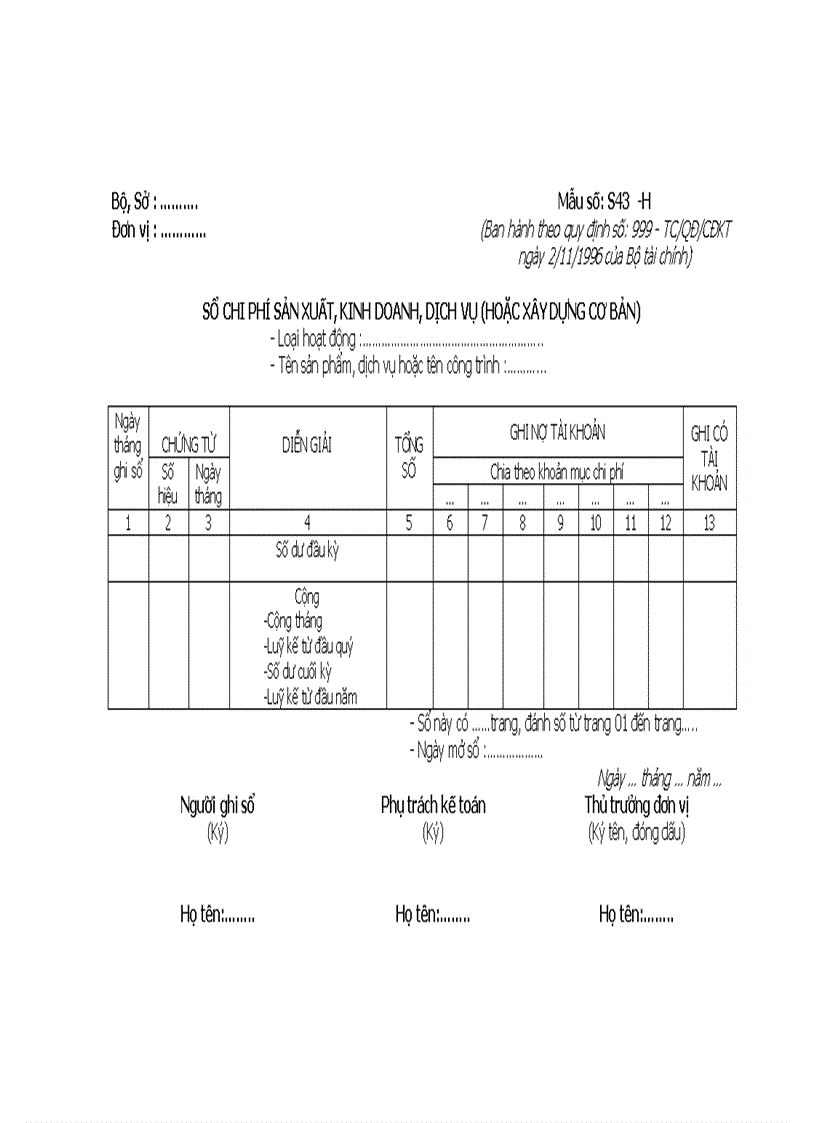 Sổ chi phí sản xuất kinh doanh dịch vụ hoặc xây dựng cơ bản
