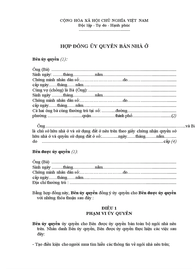 Hợp đồng ủy quyền bán nhà ở 1