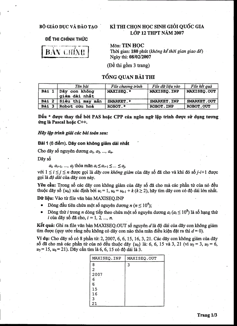 Kì thi HSG Quốc gia môn Tin học 12 2007