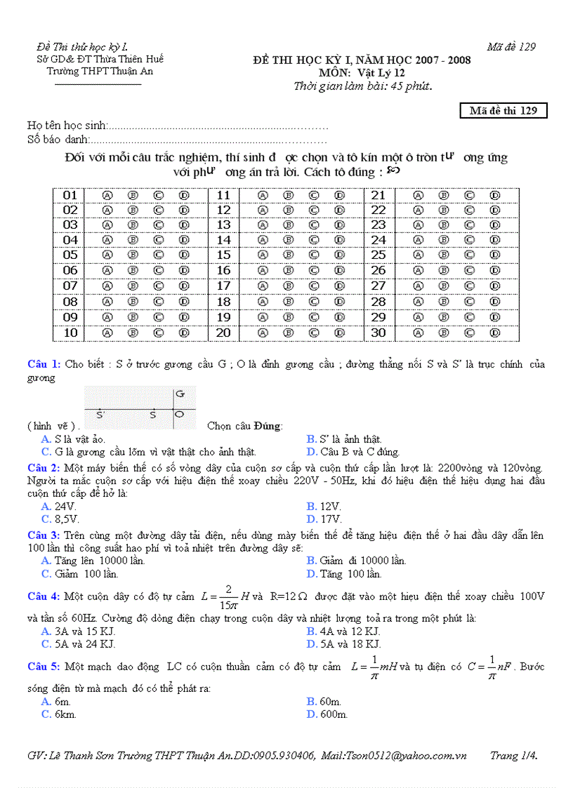 Đề thi HK 1 môn Vật lý 12 THPT Thuận An Huế 2007 2008