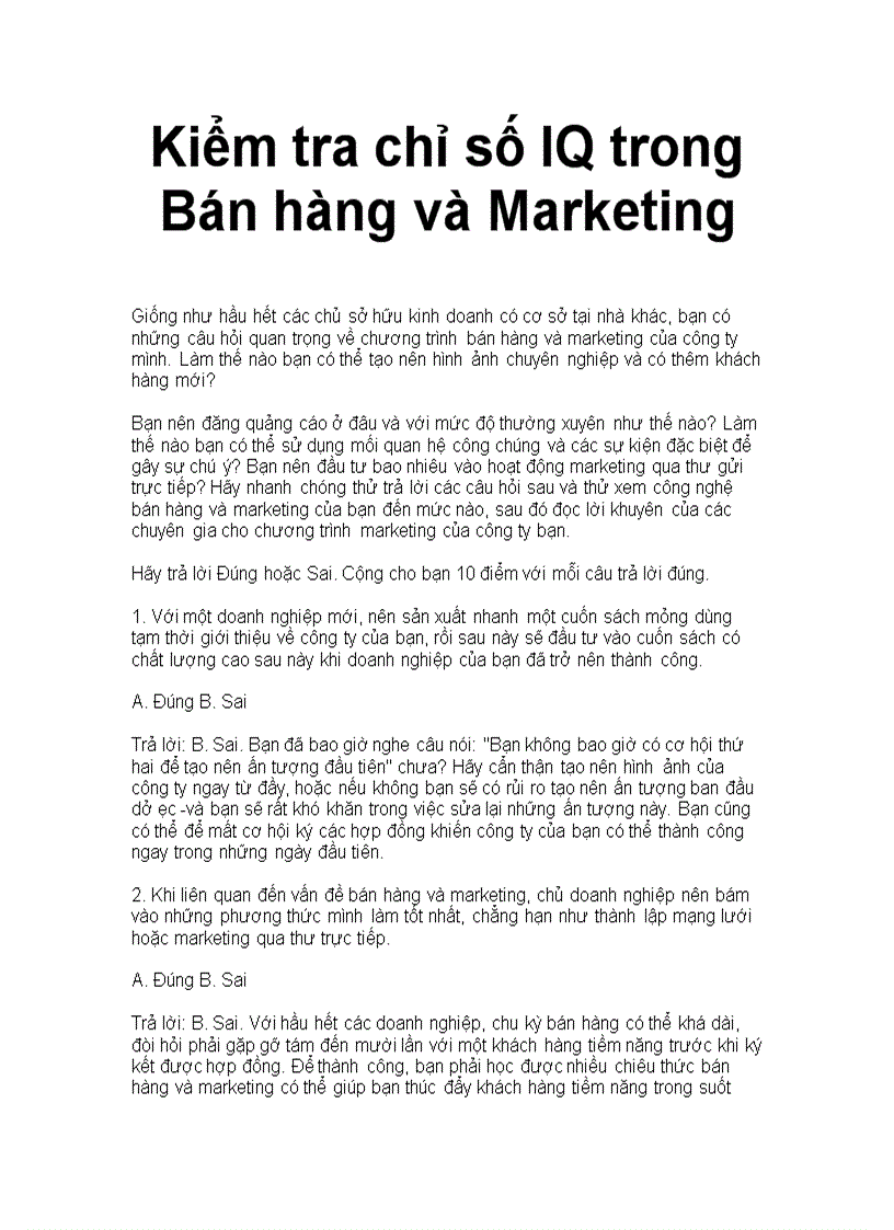 Kiểm tra chỉ số IQ trong Bán hàng và Marketing