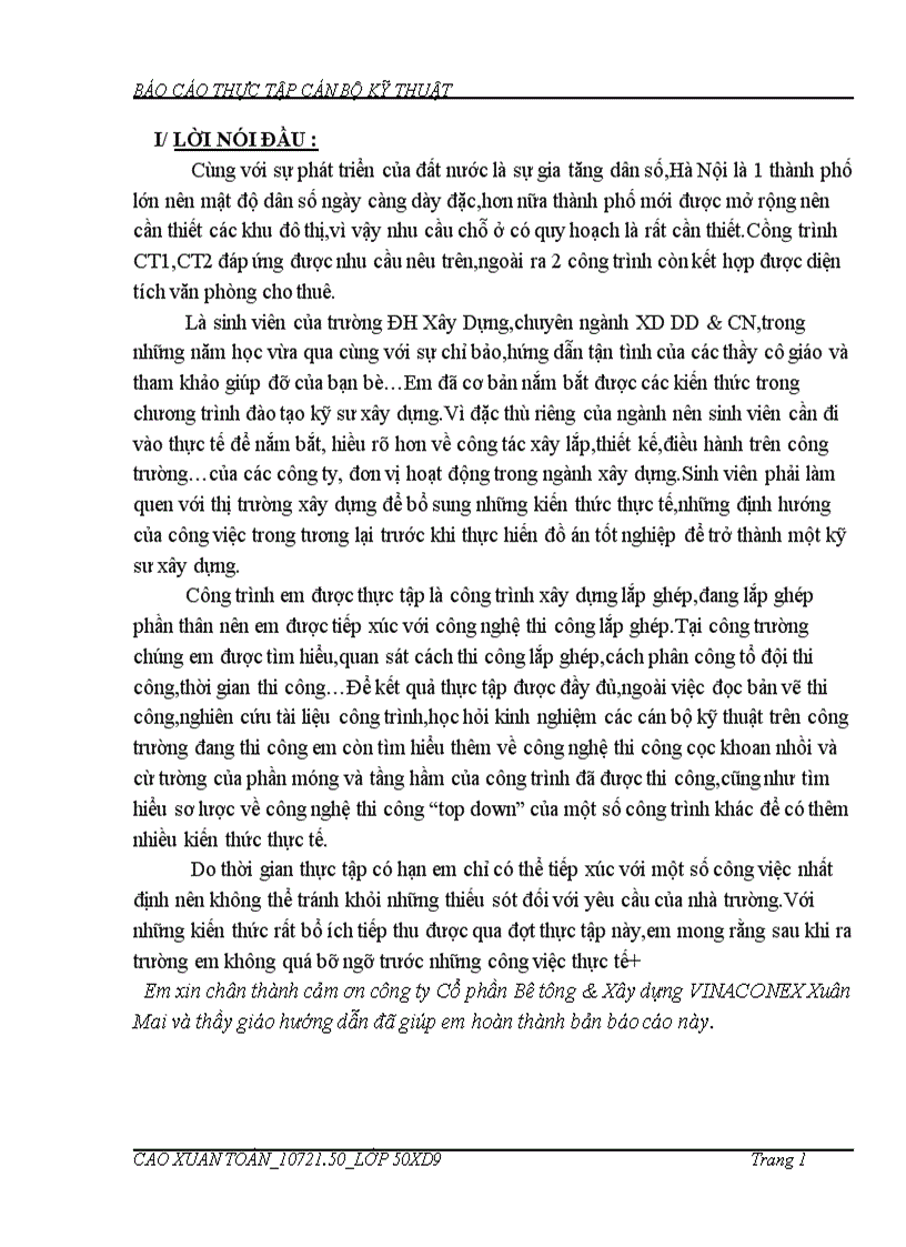 Thực tập tốt nghiệp xây dựng tại chung cư CT1 Ngô Thì Nhậm Hà Đông Cổ phần Bê tông Xây dựng VINACONEX Xuân Mai